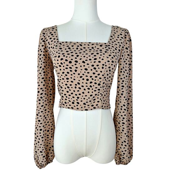 Altar'd State Brown Polka Dot Animal Print Long Sleeve Cropped Blouse Top XS - Picture 1 of 6